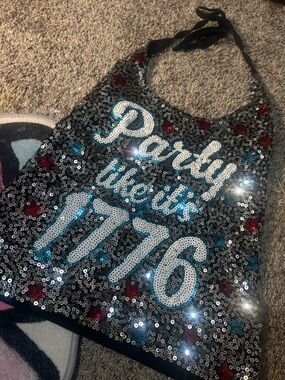 Miss Chievous Black Sequin Halter Apron with Blue and Red Accents